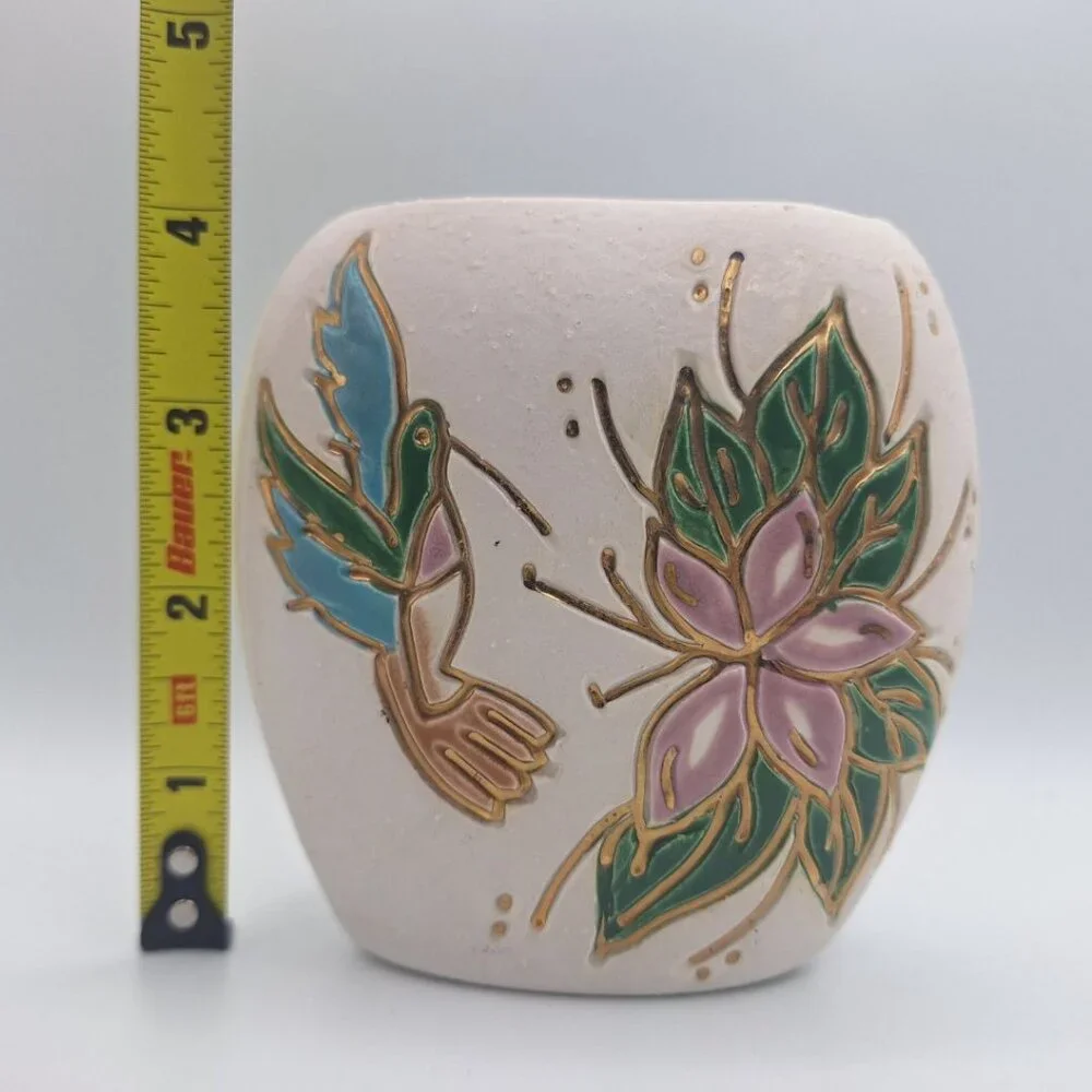 Hummingbird Pottery Vase Small Flower Gold‎ Glaze Signed Art Hummer USA Nix Fly